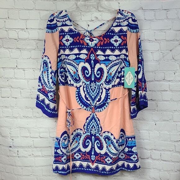 Bohemian NWT Work Dress Peach Blue Boho Printed Flare Sleeve Shift Colorful - Picture 10 of 10